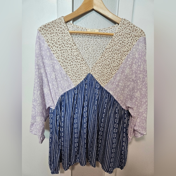 Oddi Boho Patchwork Mixed Print Top Medium Bell Sleeves Rayon - Picture 1 of 8